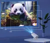 A projector displaying an image of a panda on a wall, with measurement lines indicating different screen sizes and distances. Produktbild-Vorschau