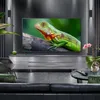 A modern living room with a large TV displaying an iguana, a sofa, a chair, and a coffee table. Produktbild-Vorschau