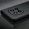 A close-up view of the back of a black leather phone case with red stitching, showing the camera module. Anteprima dell’immagine prodotto