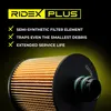 A close-up of an oil filter with marketing text and features listed. Produktbild-Vorschau