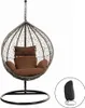 A hanging egg chair with brown cushions and a black protective cover shown in a circle. Produktbild-Vorschau