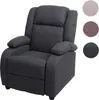 A dark gray recliner chair is shown against a white background. To the right of the chair are three circular swatches of fabric in different colors: light beige, muted rose, and dark gray. Produktbild-Vorschau