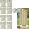 A collage showing multiple beige weight bags on the left and a beige outdoor curtain hanging on a rod on the right, with a poolside scene in the background. Produktbild-Vorschau