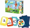 A game box for "Animal Yoga" with cards and a spinner laid out in front of it. Produktbild-Vorschau