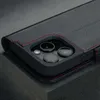 Close-up of a black leather phone case with red stitching, showing the camera cutout. Produktbild-Vorschau
