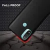 A black phone case is shown from a diagonal angle, appearing to be dropped onto a cracked surface with red light emanating from the point of impact. The background is a dark, patterned texture. Produktbild-Vorschau