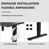 A collage showcasing a desk and its accessories, including headphones, casters, and a desk leg with a base. Produktbild-Vorschau