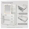A diagram showing the dimensions of a white vanity table with a mirror and drawers. Voir les images du produit