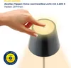 A hand touching a lamp to demonstrate its dimming feature, with text explaining the light settings. Produktbild-Vorschau