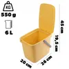 A yellow plastic waste bin with its lid open, showing dimensions and weight information. Produktbild-Vorschau
