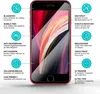 A red smartphone with a screen protector applied, surrounded by feature callouts. Produktbild-Vorschau