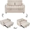 A beige sofa bed is shown in three different configurations: fully assembled, partially converted to a bed, and fully converted to a bed. Voir les images du produit