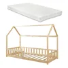 A mattress and a wooden house bed frame are shown separately against a white background. Produktbild-Vorschau
