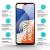 A Samsung Galaxy A14 5G phone is shown with various feature callouts and descriptions around it. Produktbild-Vorschau
