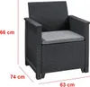 A black outdoor armchair with dimensions indicated by red lines and text. Náhled obrázku produktu
