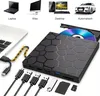 A product image showing an external DVD/CD drive connected to a laptop, with various accessories like USB drives and memory cards displayed. Produktbild-Vorschau