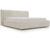 A beige upholstered bed with a mattress, shown from a side angle against a white background. Produktbild-Vorschau