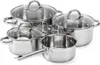 A set of stainless steel pots and pans with glass lids, arranged on a white background. Anteprima dell’immagine prodotto