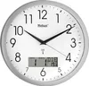 A Mebus radio-controlled wall clock with a digital display showing the date and temperature. Produktbild-Vorschau