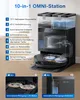 A robotic vacuum cleaner and its docking station are shown with feature callouts. Produktbild-Vorschau