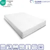 A white mattress with a zipper on a white background, surrounded by various icons and text indicating product features and certifications. Produktbild-Vorschau