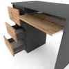 A close-up, angled view of a modern desk with three drawers on the left and a pull-out keyboard tray extended. Produktbild-Vorschau