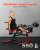 A man is using a leg extension and curl machine in a home gym setting. Produktbild-Vorschau