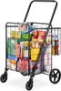 A black metal shopping trolley filled with various grocery items and household products. Podgląd zdjęcia produktu