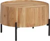 A round wooden coffee table with black metal legs on a white background. Produktbild-Vorschau