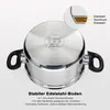 A top-down view of a stainless steel pot with black handles, featuring a close-up diagram of its layered base and descriptive text. Produktbild-Vorschau