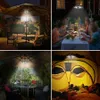 Collage of four images showing LED umbrella lights in different settings: on an umbrella over patio furniture, at an outdoor dinner party, on an umbrella over a table, and inside a tent. Produktbild-Vorschau