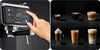 A split image showing a coffee machine with a hand interacting with its touchscreen on the left, and various coffee drinks on the right. Produktbild-Vorschau