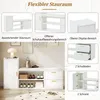 A collage of images showcasing a white shoe cabinet with gold accents, highlighting its storage features and design. Produktbild-Vorschau