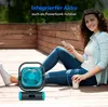 A woman is sitting on a wooden deck, using a portable fan and her phone. Produktbild-Vorschau