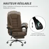 A brown office chair with a footrest is shown, with text overlays explaining its adjustable height feature. Voir les images du produit
