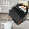 A hand is pouring water from a black electric kettle into a white mug in a kitchen setting. Produktbild-Vorschau
