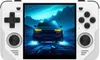 A white handheld gaming console displaying a car racing game on its screen. Produktbild-Vorschau