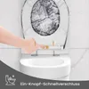 A hand is shown pressing a button on a toilet seat hinge, demonstrating a quick-release feature. The toilet seat itself has a wood-grain pattern. Produktbild-Vorschau