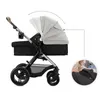 A side view of a Kinderkraft MOOV 2 XL 3in1 Kombikinderwagen with its canopy extended. A circular inset shows a close-up of the stroller's fabric. Voir les images du produit