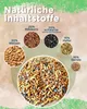A collage of images showing bird food ingredients and a large pile of mixed bird seed. Produktbild-Vorschau
