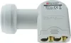 A white satellite LNB device with two gold connectors is shown against a white background. Produktbild-Vorschau