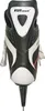 A rear view of a black and white ice skate with a silver blade. Anteprima dell’immagine prodotto