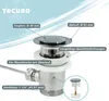 A close-up view of a sink drain assembly with labels indicating its features and dimensions. Produktbild-Vorschau