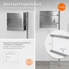 Collage showing a silver letterbox mounted on a stand, with close-up diagrams of mounting dimensions. Náhled obrázku produktu