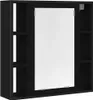 A black wooden cabinet with a mirrored door and open shelves on the sides.