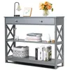 A gray console table with a drawer and shelves, decorated with various items. Produktbild-Vorschau