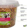 A clear plastic bucket filled with dried shrimp, with a label on the front and text annotations pointing to different aspects of the product and packaging. Produktbild-Vorschau