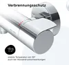 Close-up of a modern chrome shower thermostat with text overlays and icons. Produktbild-Vorschau