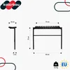 Diagrams showing the dimensions of a black metal bench, with a logo and weight information. Voir les images du produit