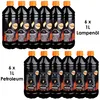 Collage of two rows of identical bottles of lamp oil/petroleum, with text descriptions. Produktbild-Vorschau
